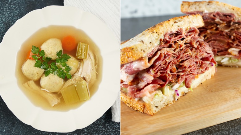 White dish filled with matzo ball soup / generous helping of pastrami on a halved sandwich