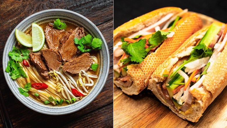 Beef, bean sprouts, and noodles prominent in a bowl of pho / vegetables and meat fill a roll as báhn mì