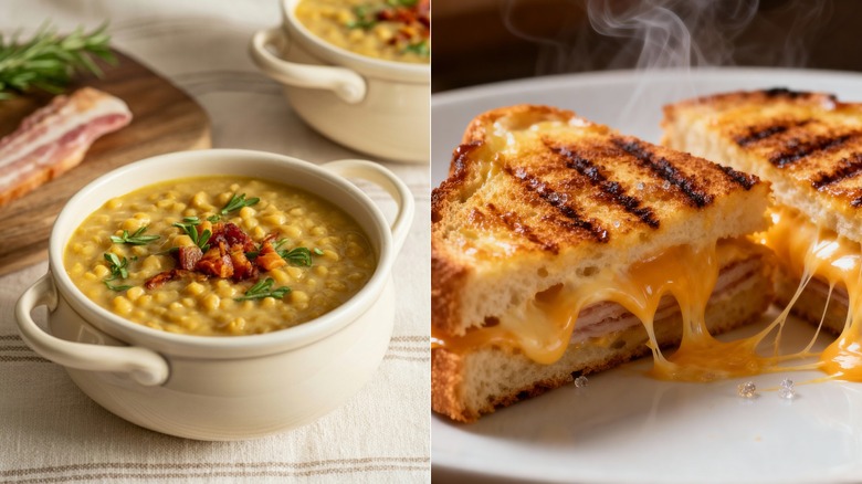 Crock of split pea soup topped with bacon / cheese melting of a grilled ham sandwich