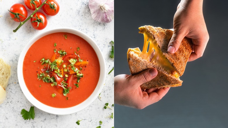 Bowl of tomato soup surrounded by ingredients / grilled cheese sandwich pulled apart by two hands