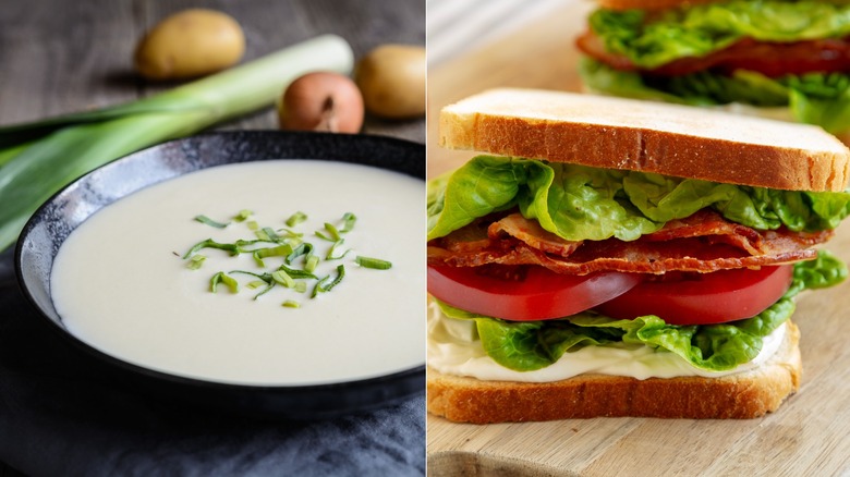Vichyssoise framed by potatoes and a leek / BLTs served on a plank
