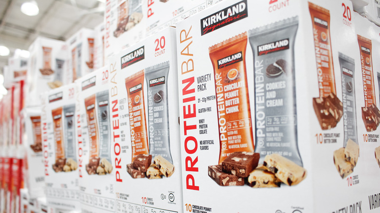 Close-up of cases of Kirkland Signature Protein Bar variety packs