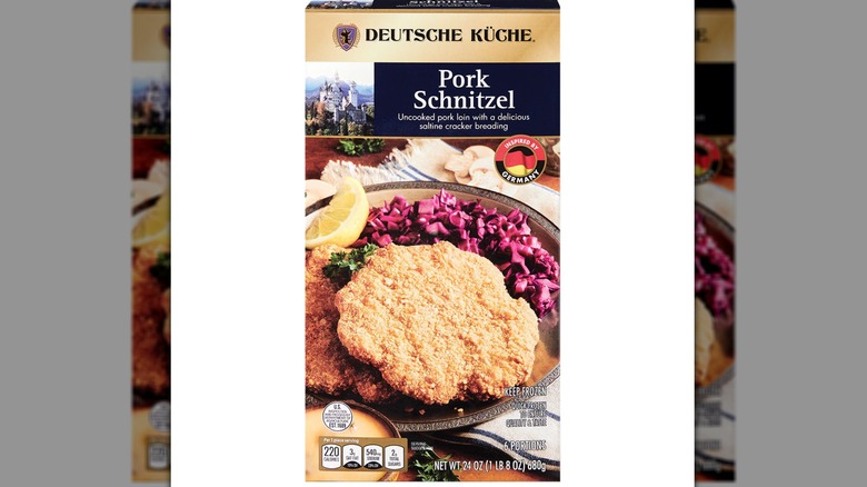 Package of Pork Schnitzel displayed on white background.