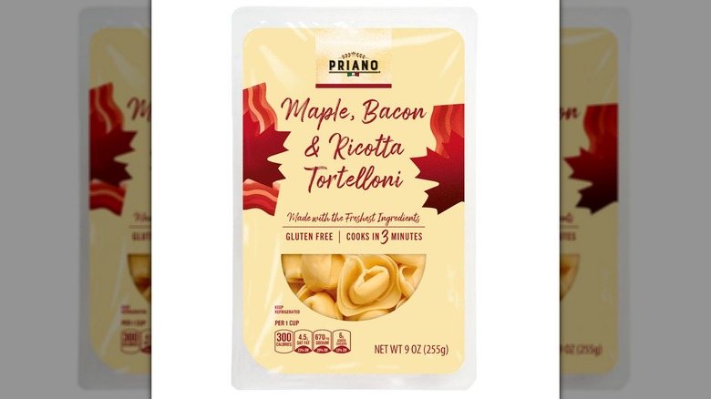 Maple, bacon and ricotta tortelloni packaged.