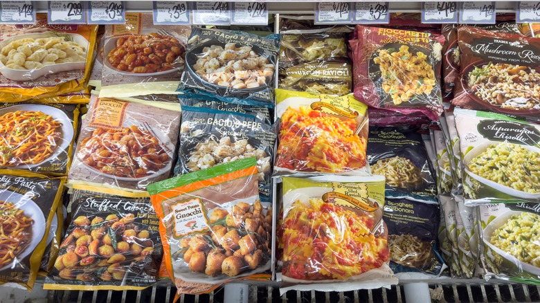 Assortment of Trader Joe's frozen pastas in freezer