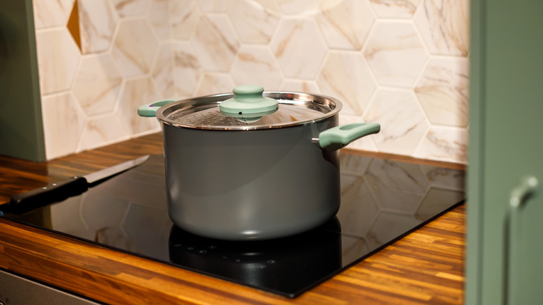 A stockpot sits on an induction cooktop