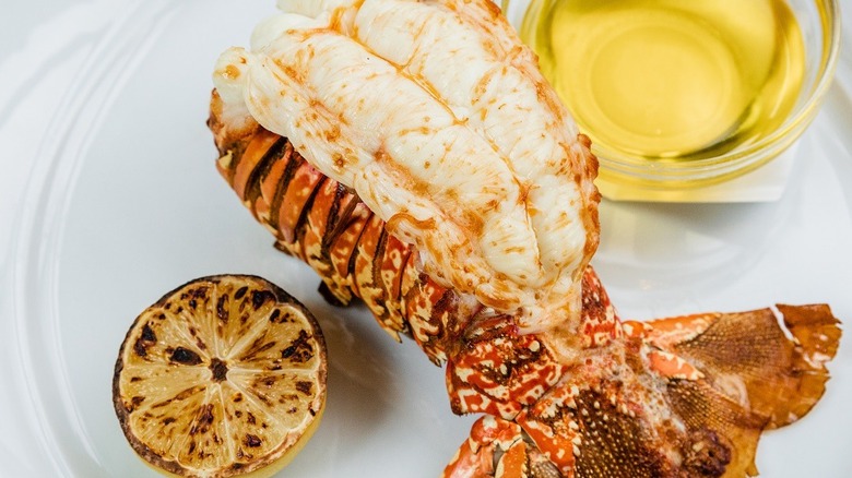 large lobster tail next to grilled lemon