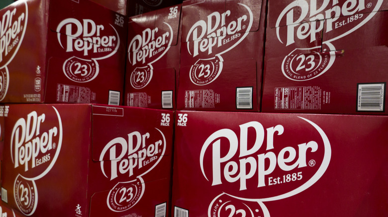 Cases of Dr Pepper stacked on top of each other