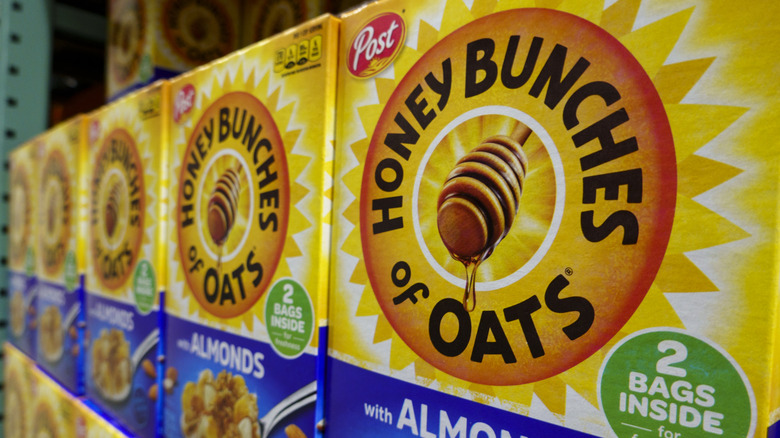 Boxes of Honey Bunches of Oats with Almonds.