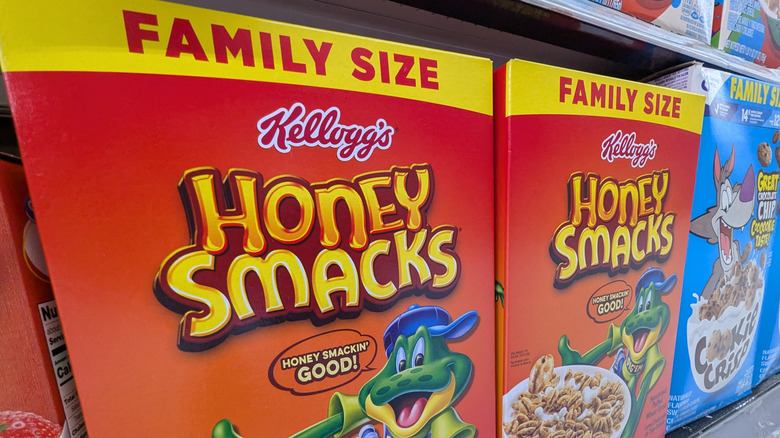 Boxes of Honey Smacks in grocery store.