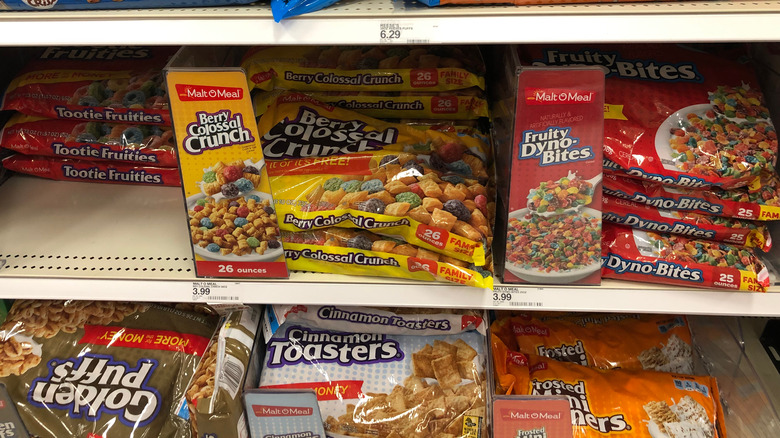 Bags of Malt-O-Meal cereal in grocery store.