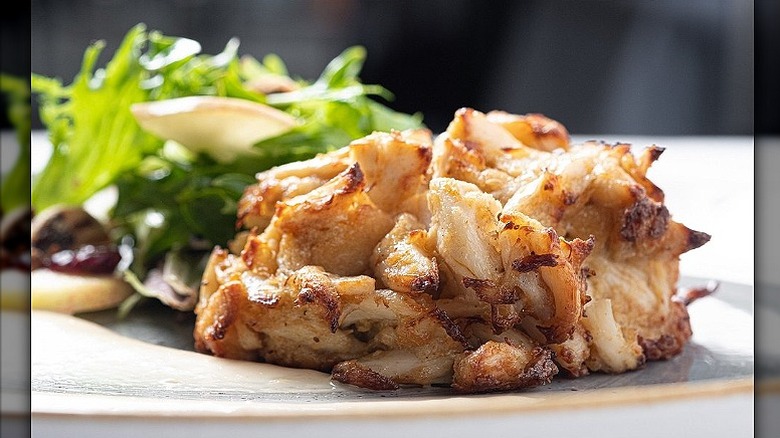 Closeup of a crab cake at Legal Sea Foods