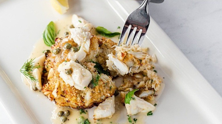 Closeup of a crab cake at Pappadeaux Seafood Kitchen