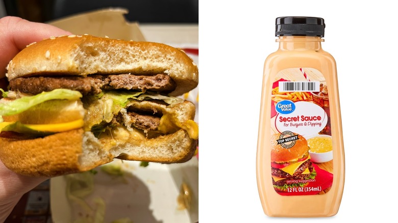 Bite taken out of a Big Mac and Great Value Secret Sauce container