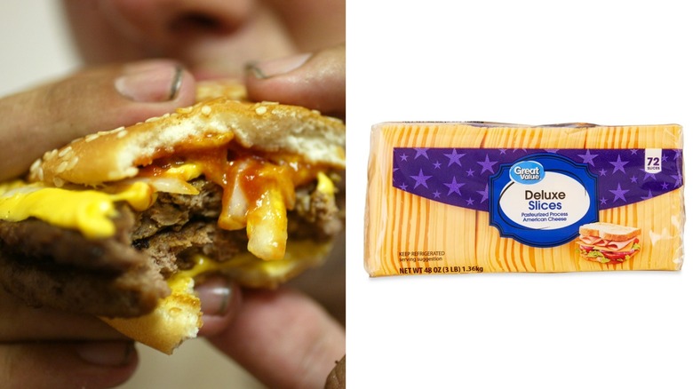 Bite taken out of a Double Quarter Pounder with Cheese and package of Great Value American Cheese