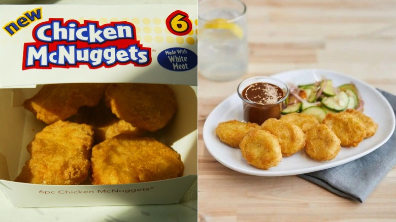 Order of McNuggets and a plate of Tyson nuggets served with pickles and dipping sauce