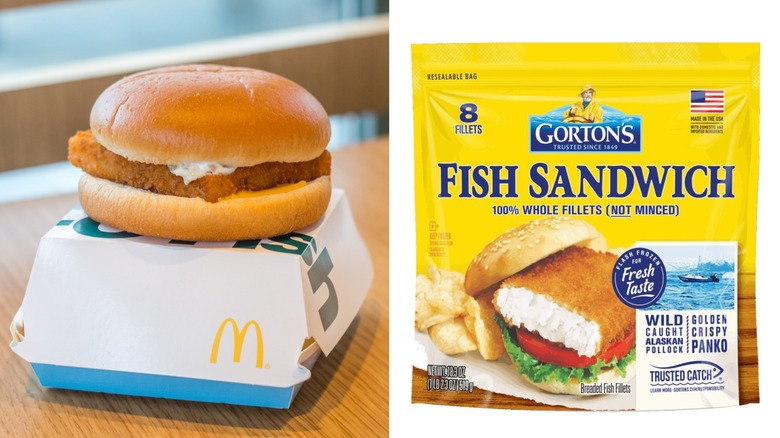 Filet-O-Fish atop its box and a package of Gorton's Fish Sandwich fillets