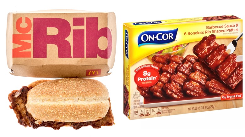 McRib sandwich with the box it came in and a package of On-Cor Boneless Rib Shaped Patties