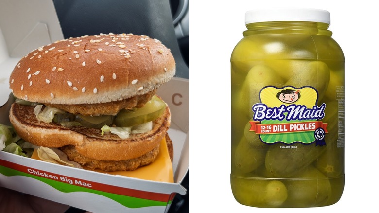 Pickles visible on a Chicken Big Mac and a jar of Best Maid whole dill pickles