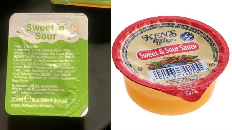 Clear dish of McDonald's Sweet 'N Sour sauce & container of Ken's Sweet & Sour Sauce
