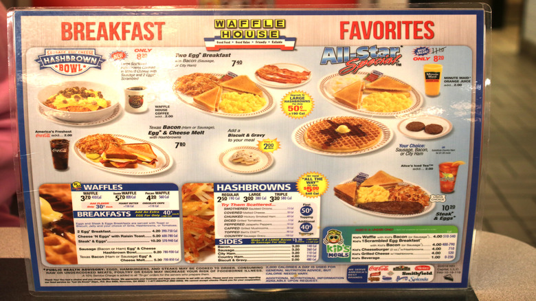 A Waffle House breakfast menu