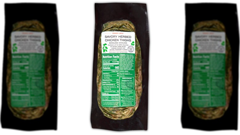 A package of marinated chicken thighs.