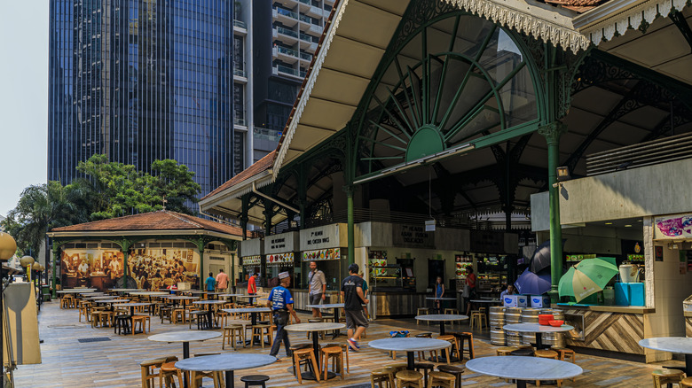 Hawker center with outdoor seating in Singapore