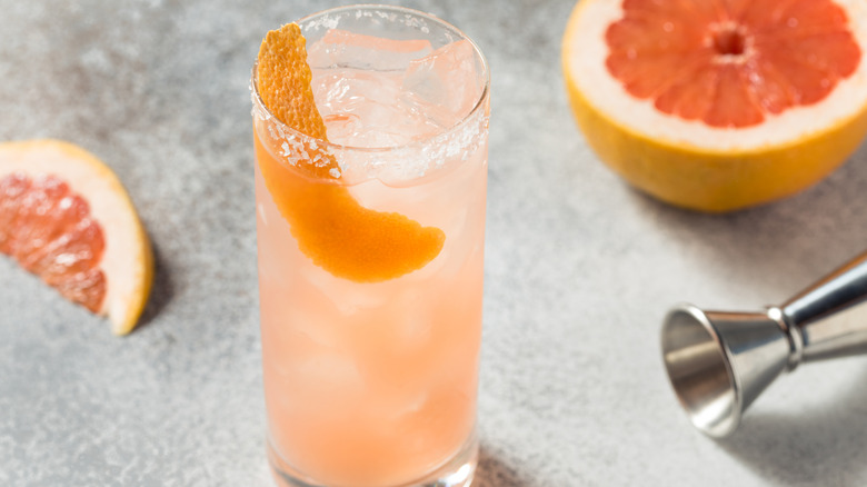 A glass of grapefruit soda with fresh sliced grapefruits