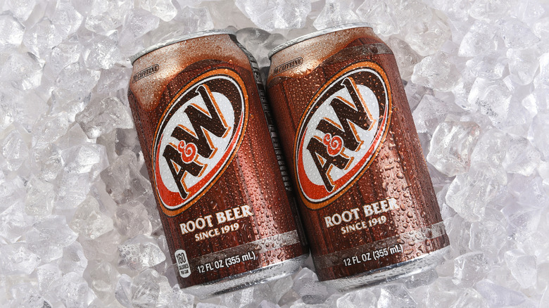 Cans of A&W Root Beer on a bed of ice