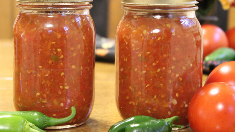 Mason jars full of fresh salsa