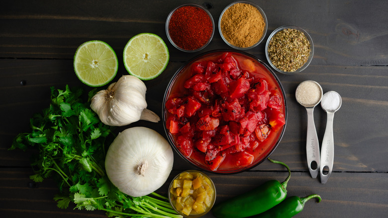 Bowl of tomato salsa with seasonings needed surrounding it in ramakins, as well as a halved lime, head of garlic, onion, green chilis, cilantro, and jalapeños