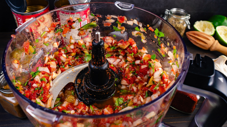 Freshly blended salsa in a food processor