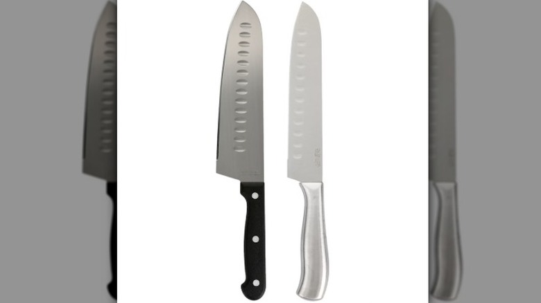 Two Santoku knives are displayed against a white background