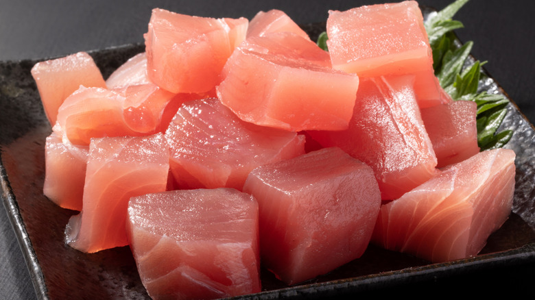 Yellowfin tuna cut into cubes for sashimi