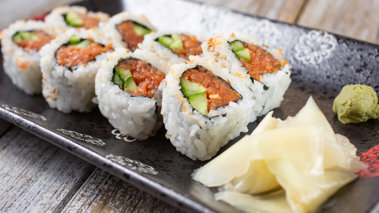 Close-up of spicy tuna rolls