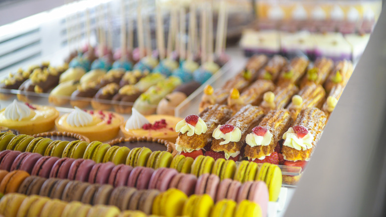 colorful display case with baked goods