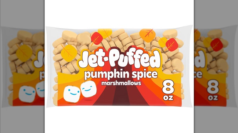 A bag of Jet-Puffed Fall Harvest Pumpkin Spice Marshmallows.