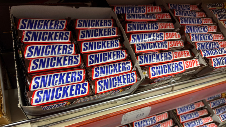 Snickers bars on a store shelf