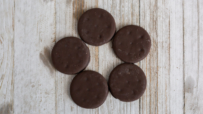 thin mint cookies on a wooden table