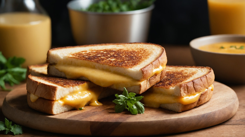Grilled cheese sandwich halves stacked on a table.