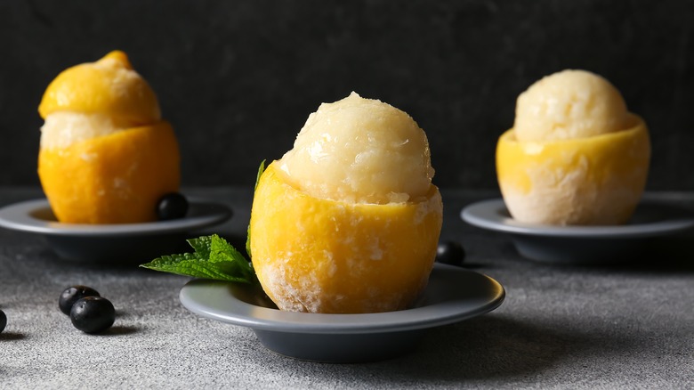 Lemon sorbet in frozen citrus cup