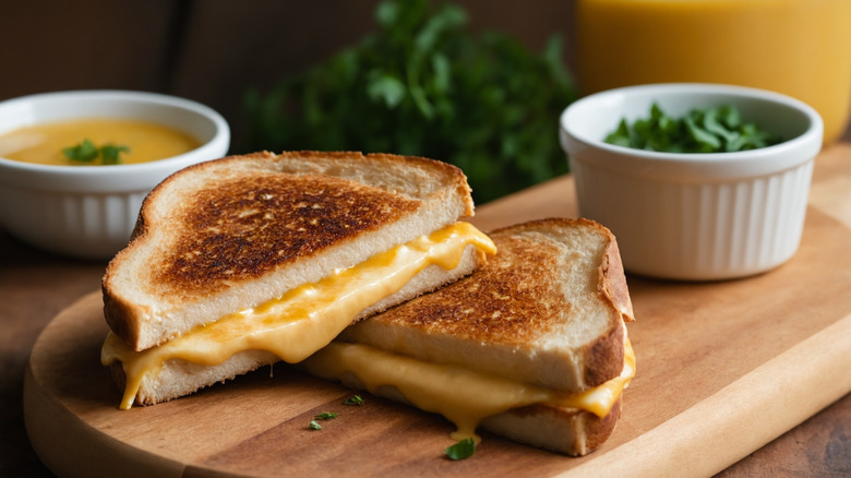 grilled cheese sandwich sits on a table next to a ramekin of fresh herbs and a ramekin of sauce