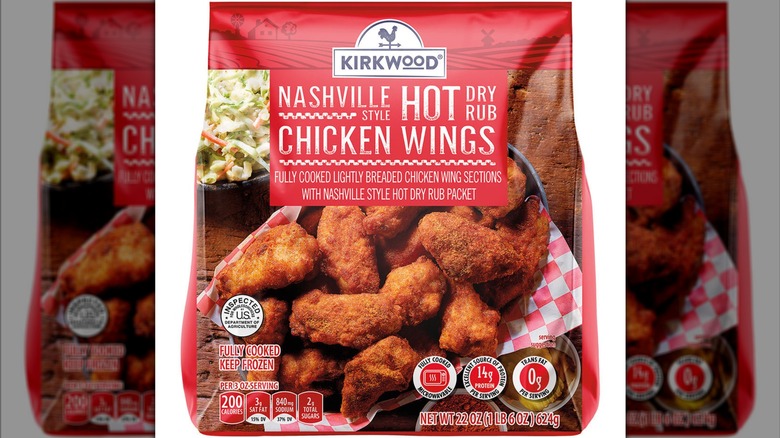 A bag of Kirkwood Nashville Hot Dry Rub Chicken Wings from Aldi
