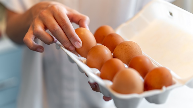 hand grabbing brown egg from a carton