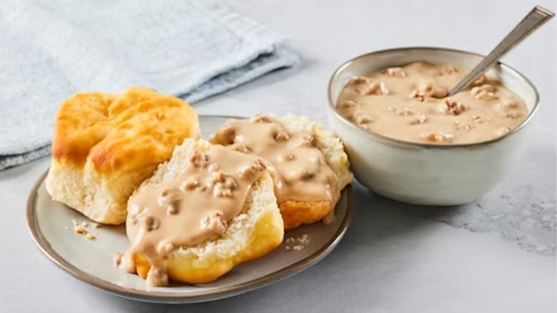 Bob Evans Sausage Gravy and Biscuits with a bowl of gravy on the side.