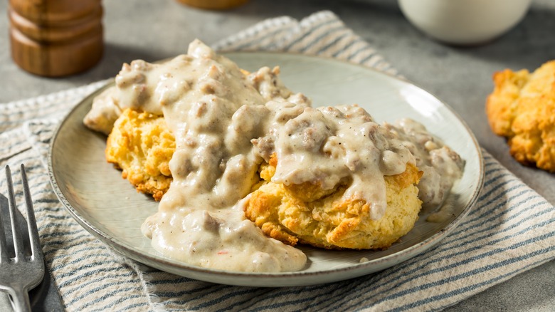 Plate of Southern style biscuits and gravy