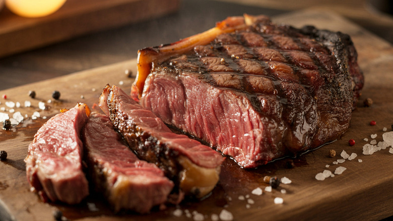 Juicy slab of steak sliced on a cutting board.