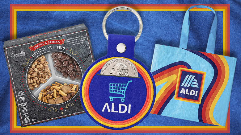 Nut trio, quarter holder, and an Aldi bag on a colorful background