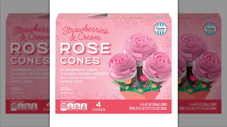 A box of rose ice cream cones sits against a white background.