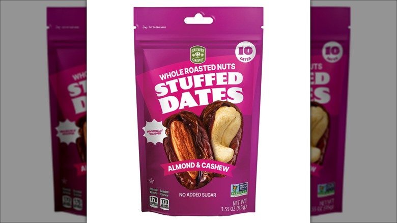 A bag of stuffed dates sits against a white background.